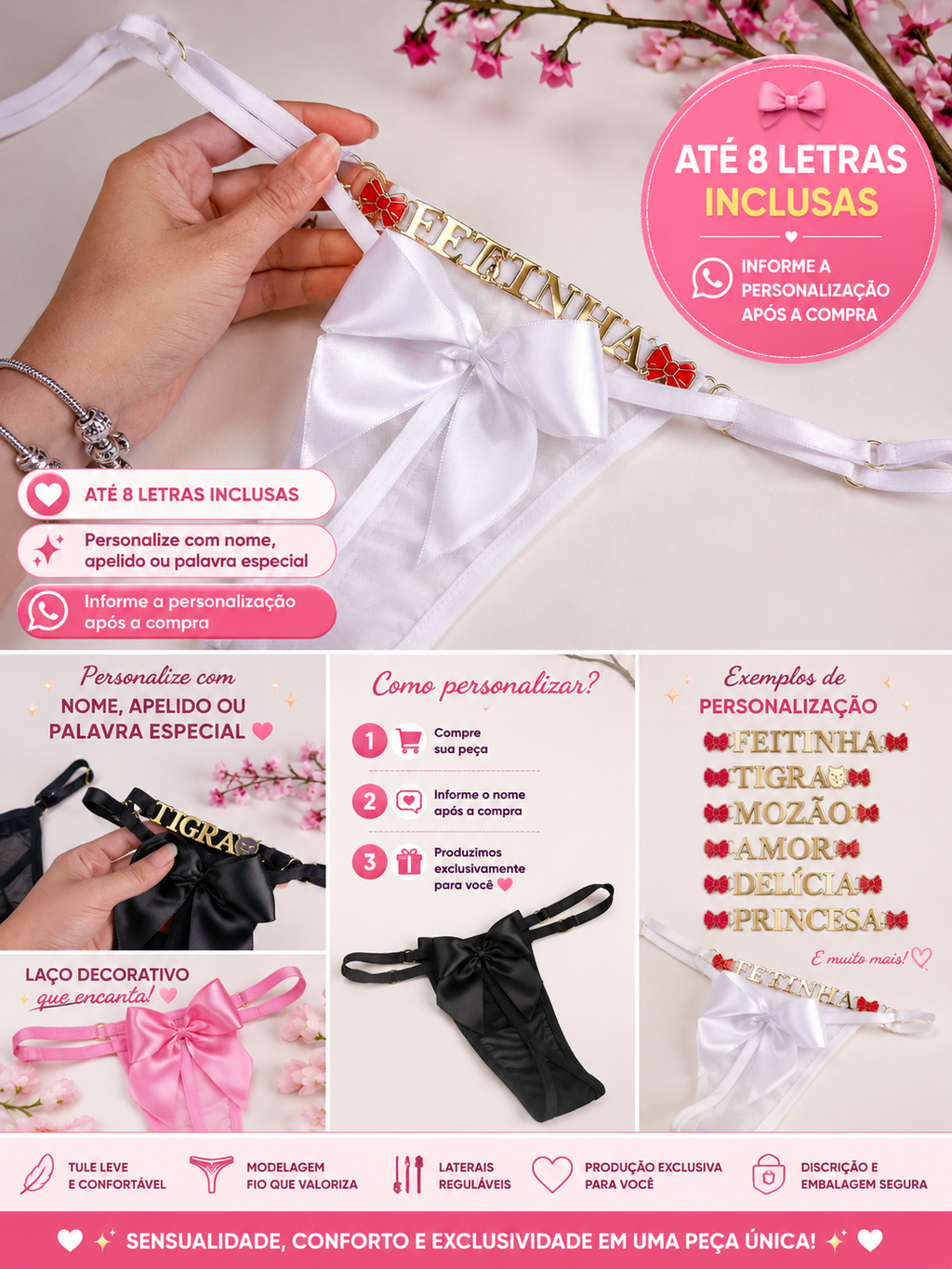 🎀 Calcinha Fio Laço Personalizada – Até 8 Letras Inclusas