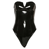 Body Dominique – Couro Sintético Sexy Tomara que Caia com Decote V Profundo
