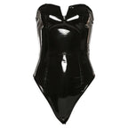 Body Dominique – Couro Sintético Sexy Tomara que Caia com Decote V Profundo