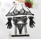 Conjunto de Lingerie Rafaela – Renda Floral com Cinta-Liga e Luvas Sensuais