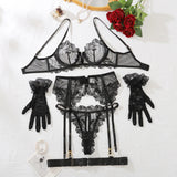 Conjunto de Lingerie Rafaela – Renda Floral com Cinta-Liga e Luvas Sensuais