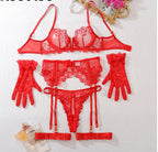 Conjunto de Lingerie Rafaela – Renda Floral com Cinta-Liga e Luvas Sensuais