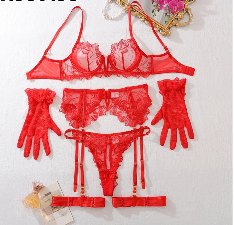 Conjunto de Lingerie Rafaela – Renda Floral com Cinta-Liga e Luvas Sensuais