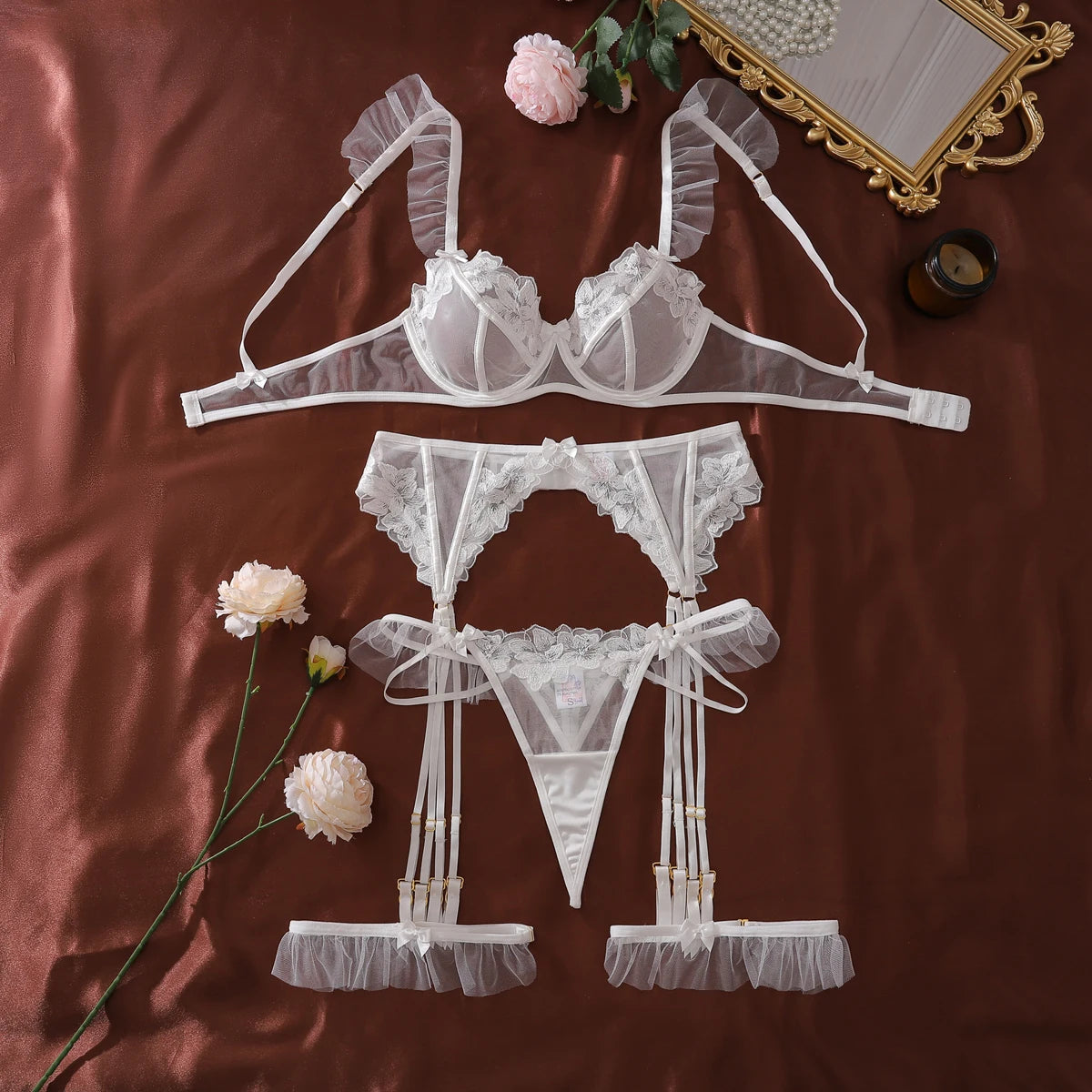 Ellolace Innocent Women's Lingerie Sets Sexy Honey Bra Garter Thong 3PC with Leg Circles Cute Tulle Intimate Fairy Frills Kit
