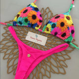 Top floral multicolorido + calcinha pink neon lisa