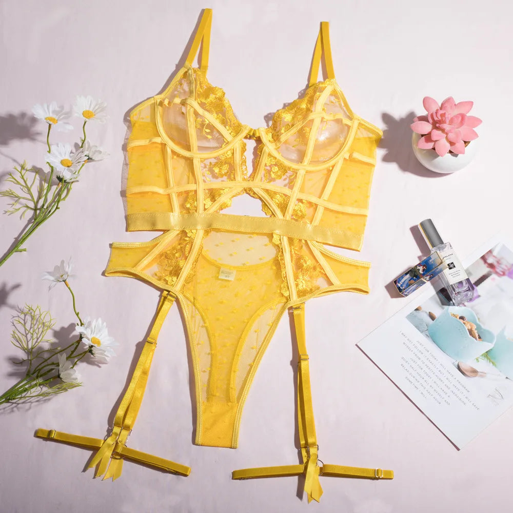 Body de Renda Letícia – Elegância Transparente com Cintas Sensuais