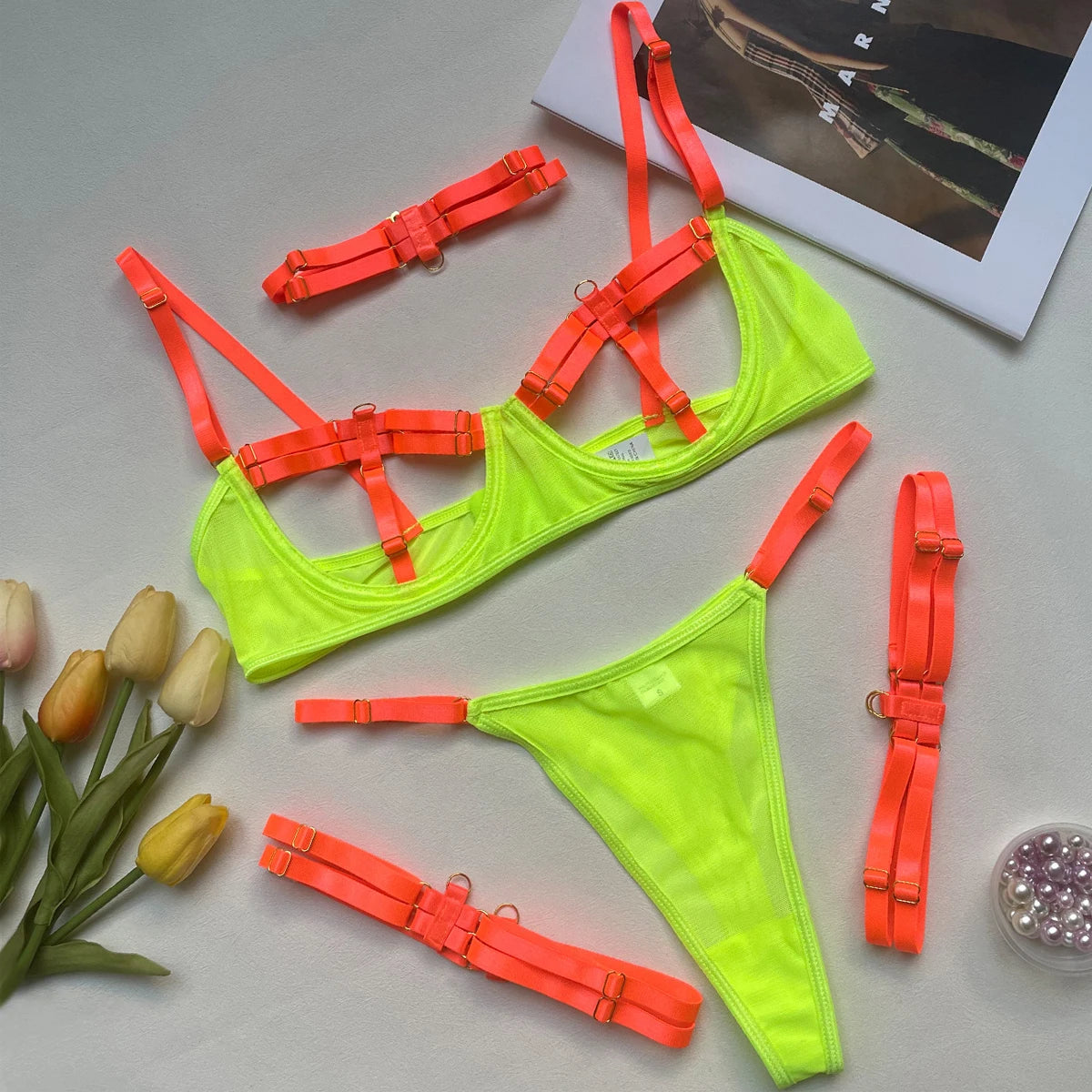Conjunto de Lingerie Natasha – 4 Peças Ousadas para Sedução Completa