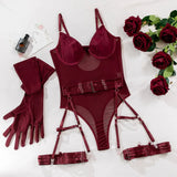 Body Vênus – Lingerie Vinho com Cinta, Luvas e Alça Liga