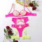 Conjunto de Lingerie Neon Nicole – Bordado Floral em Tule Transparente com Cinta-Liga