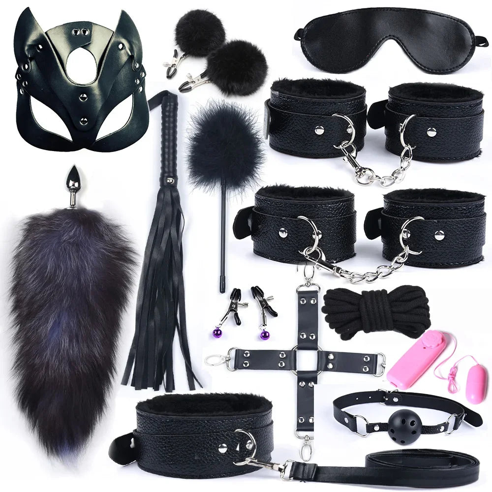 Kit BDSM Cauda de Raposa com Máscara e Plug Anal – Fantasia Sensual com Algemas e Chicote | Fetiche & Dominação