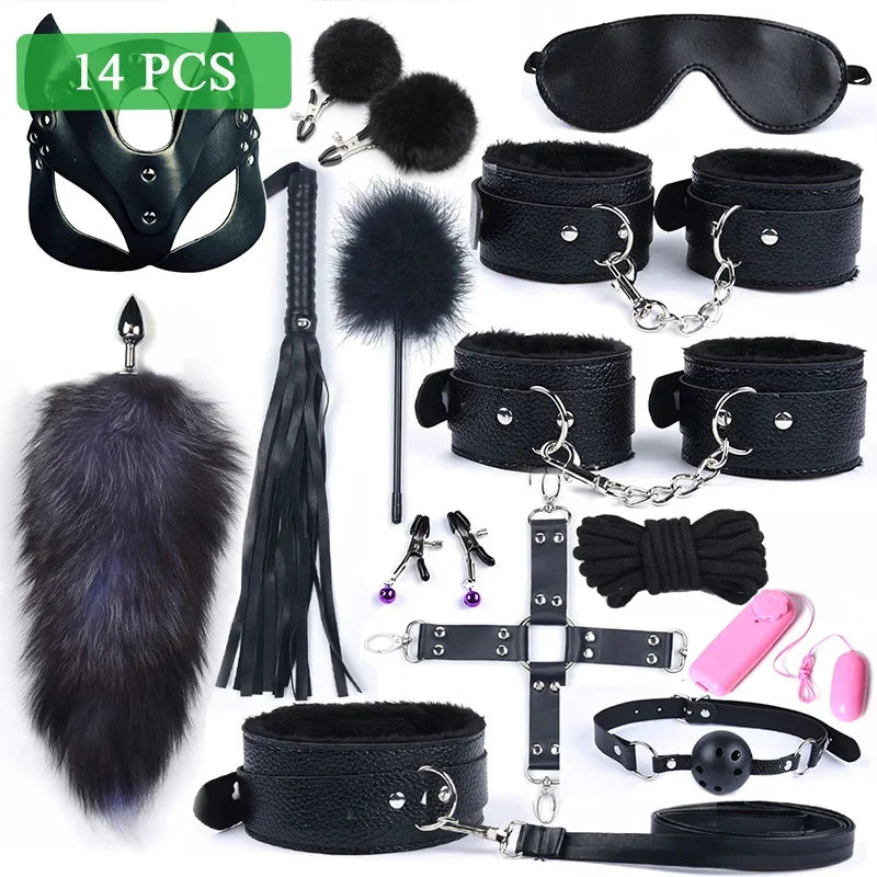 Kit BDSM Cauda de Raposa com Máscara e Plug Anal – Fantasia Sensual com Algemas e Chicote | Fetiche & Dominação