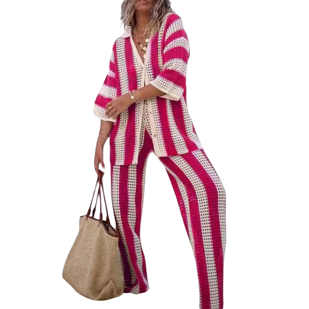 Conjunto Tricot Riviera — Listrado Premium (Cardigan + Calça Wide Leg)