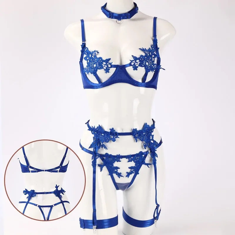 Conjunto Saphira – Lingerie Erótica com Renda Bordada, Tiras Ajustáveis e Cinta Liga Sexy