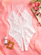 Body Luna – Lingerie Azul em Renda Floral com Abertura Íntima