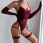 Body Vênus – Lingerie Vinho com Cinta, Luvas e Alça Liga