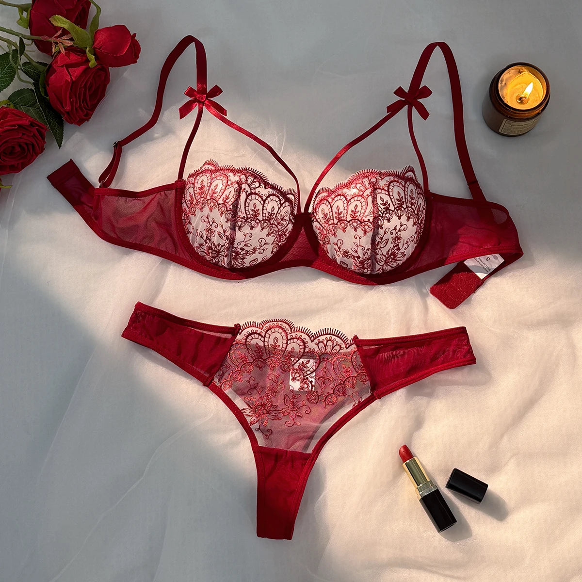 Conjunto Elisa – Lingerie 2 Peças em Renda Leve com Transparência e Laço