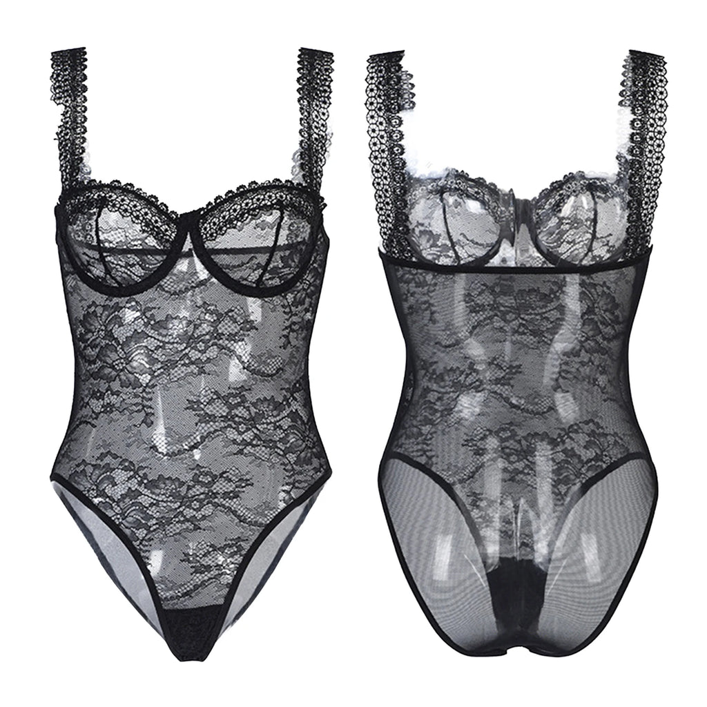 Body Lua – Renda Transparente com Decote Profundo e Costas Abertas