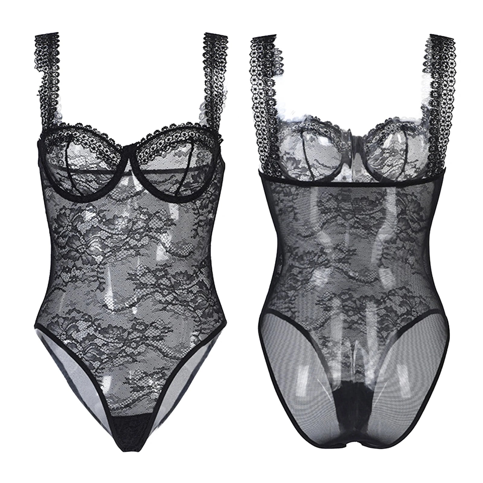 Body Lua – Renda Transparente com Decote Profundo e Costas Abertas