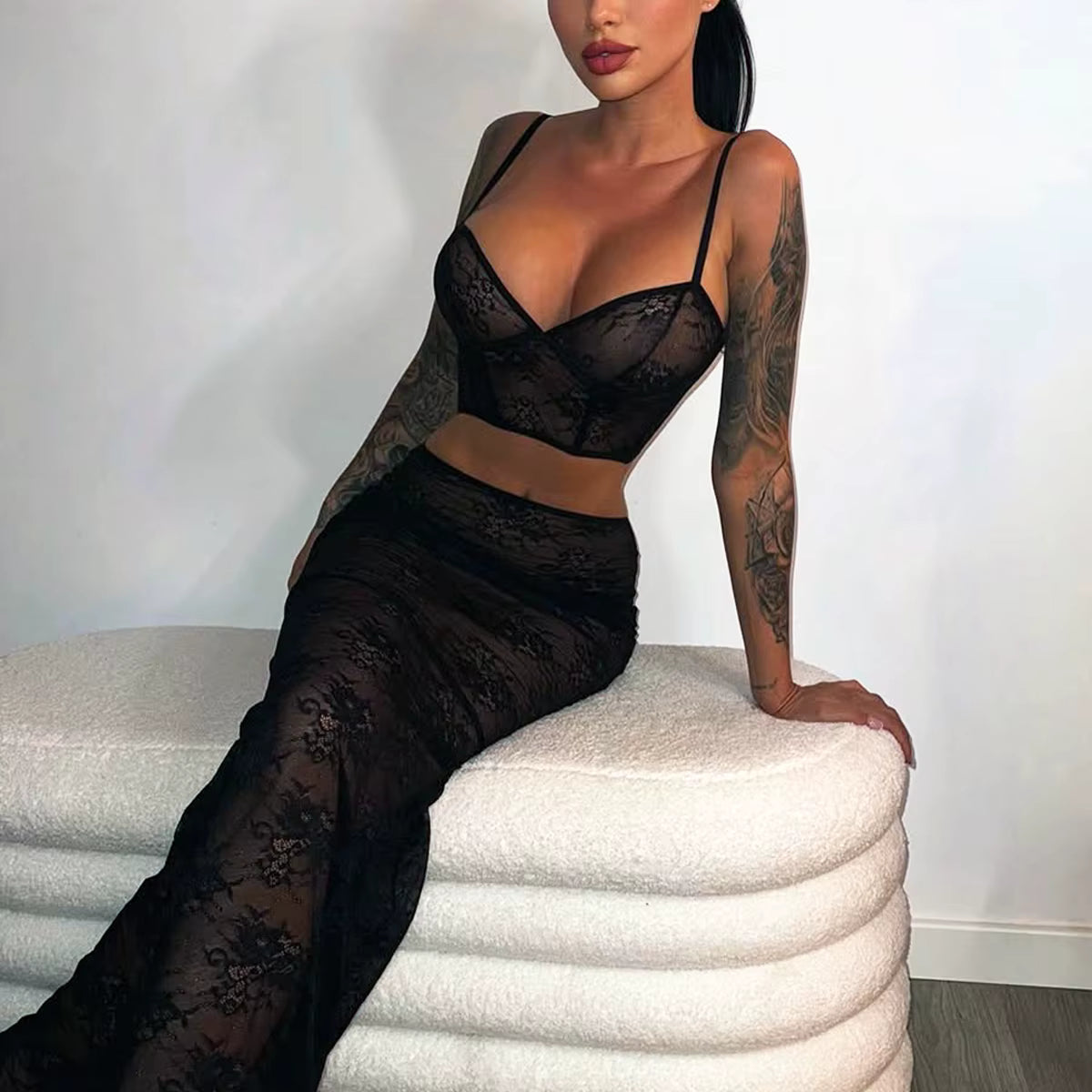 Conjunto Paris Allure – Quatro Peças em Renda Transparente
