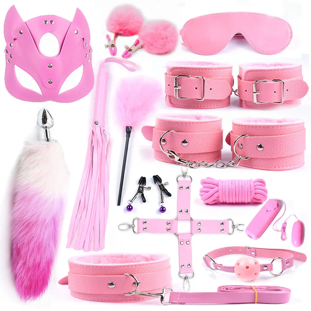 Kit BDSM Cauda de Raposa com Máscara e Plug Anal – Fantasia Sensual com Algemas e Chicote | Fetiche & Dominação