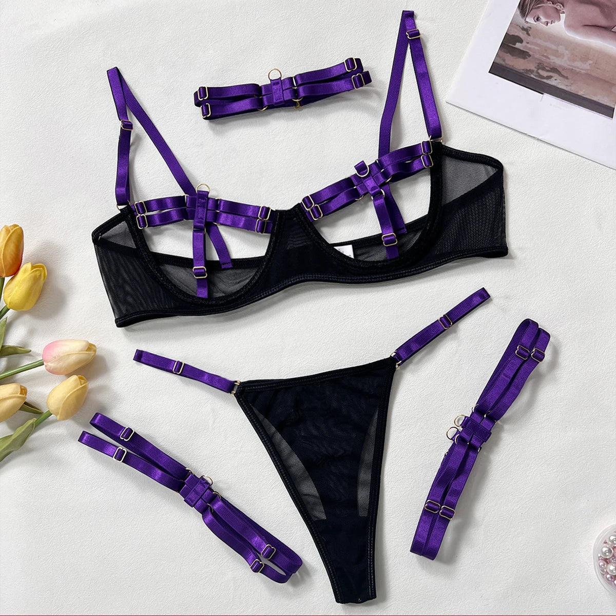Conjunto de Lingerie Natasha – 4 Peças Ousadas para Sedução Completa