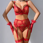 Conjunto de Lingerie Rafaela – Renda Floral com Cinta-Liga e Luvas Sensuais
